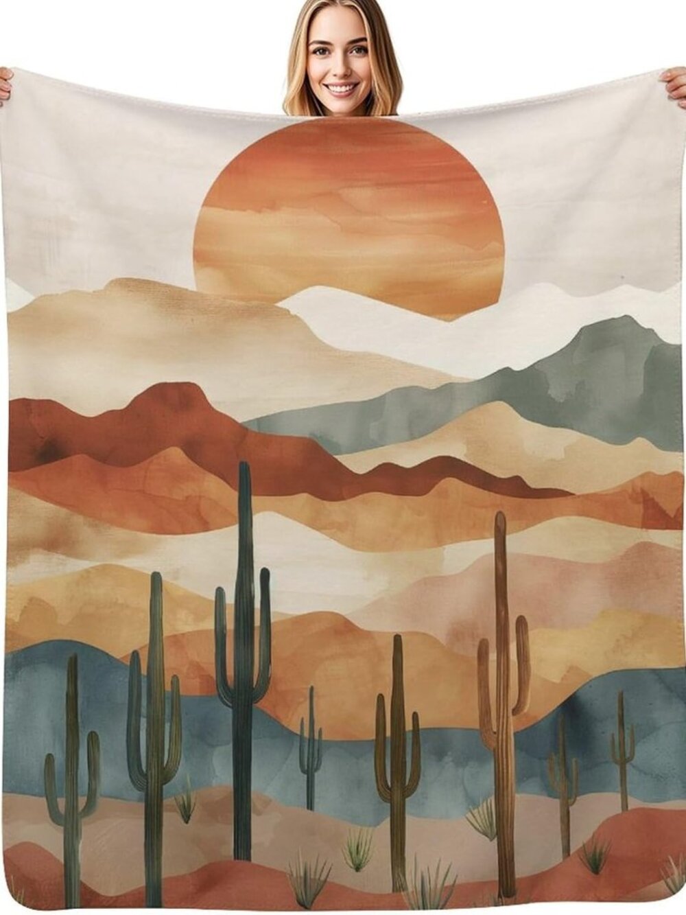 Sunset Desert Cactus Blanket, Southwest Landscape Throw, Soft Cozy Fleece Blanke